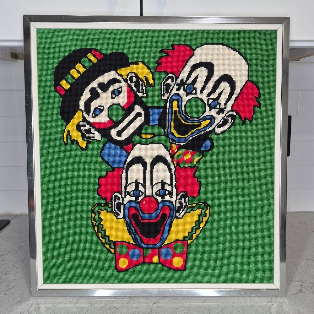 Vintage Clown Needlepoint Wall Art Framed Three Clowns Green Kitschy Retro Decor